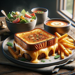 A lunch plate with a grilled cheese sandwich, french fries and a small side salad